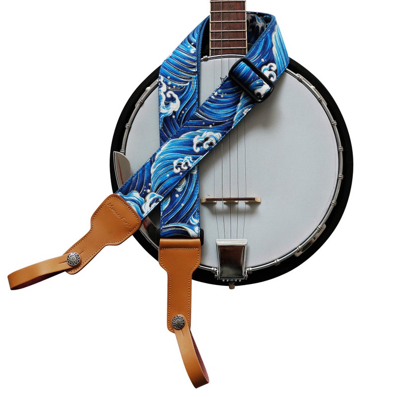 MUSIC FIRST Original Design, 2 inch width (5cm), â€œTsunami Wavesâ€ Soft Muslin & Genuine Leather Delux Banjo Strap, With 2 pieces of MUSIC FIRST Leather Strap Locker. (Tsunami Waves) - Image 1